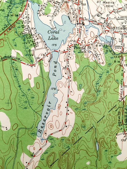Antique Attleboro, Massachusetts 1949 US Geological Survey Topographic Map – Mansfield, Plainville, Rehoboth, Pawtauket, Rhode Island, MA RI