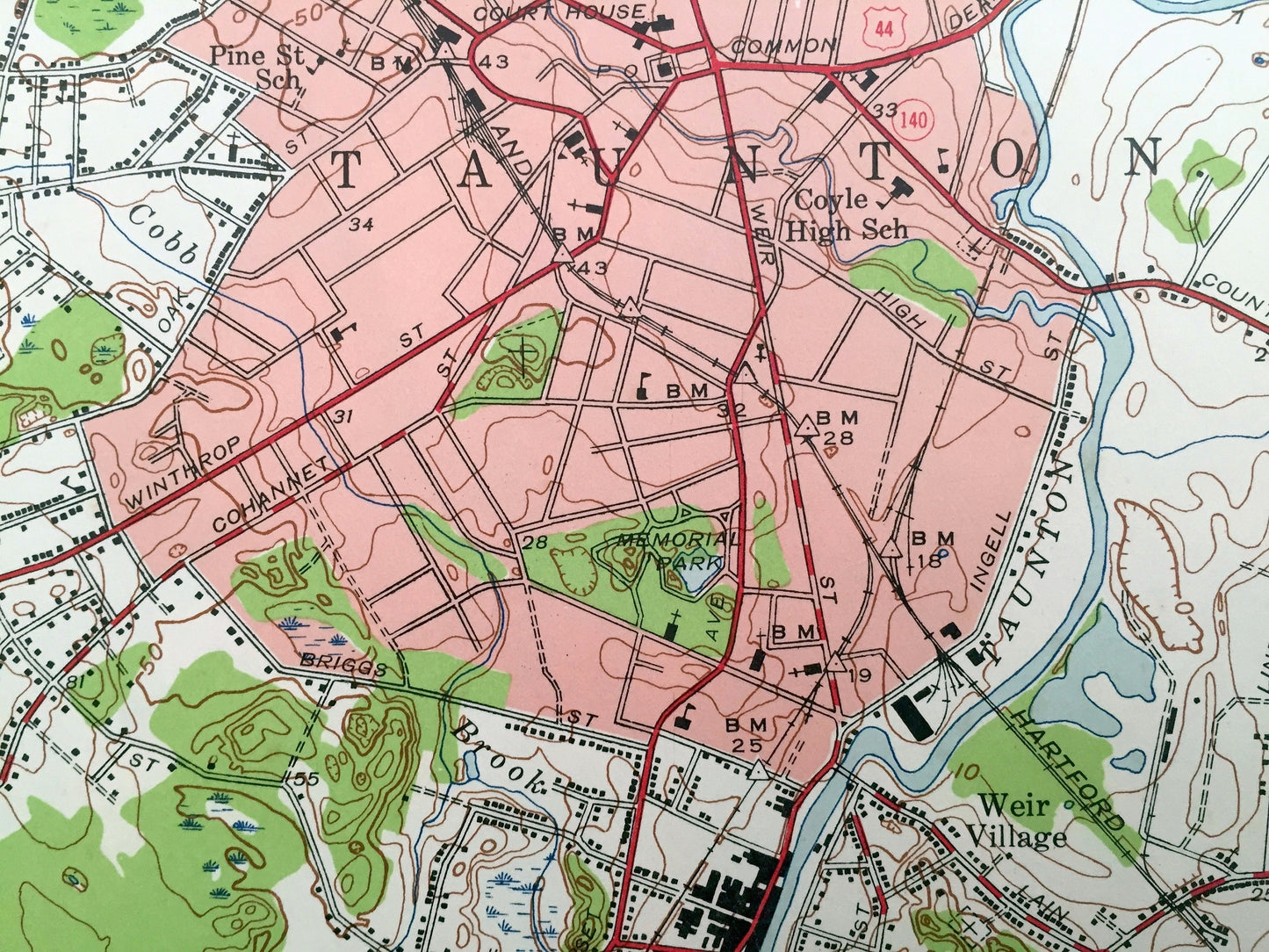 Antique Taunton, Massachusetts 1944 US Geological Survey Topographic Map – Bridgewater, Raynham, Norton, Easton, Lake Sabbatia & Nippenicket