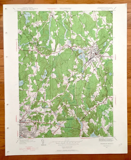 Antique Franklin, Massachusetts & Woonsocket, Rhode Island 1945 US Geological Survey Topographic Map – Bellingham, Wrentham, Woonsocket