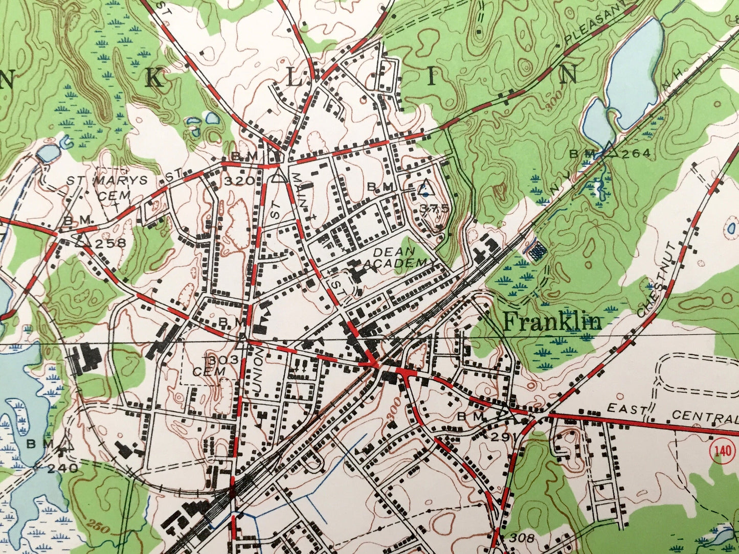 Antique Franklin, Massachusetts & Woonsocket, Rhode Island 1945 US Geological Survey Topographic Map – Bellingham, Wrentham, Woonsocket