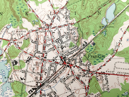 Antique Franklin, Massachusetts & Woonsocket, Rhode Island 1945 US Geological Survey Topographic Map – Bellingham, Wrentham, Woonsocket
