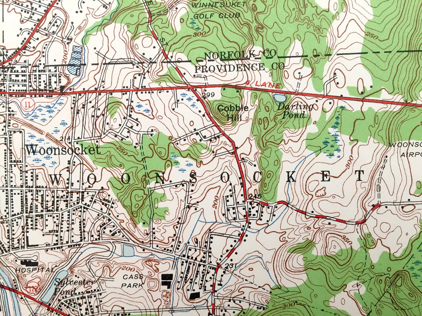 Antique Franklin, Massachusetts & Woonsocket, Rhode Island 1945 US Geological Survey Topographic Map – Bellingham, Wrentham, Woonsocket