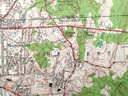 Antique Franklin, Massachusetts & Woonsocket, Rhode Island 1945 US Geological Survey Topographic Map – Bellingham, Wrentham, Woonsocket