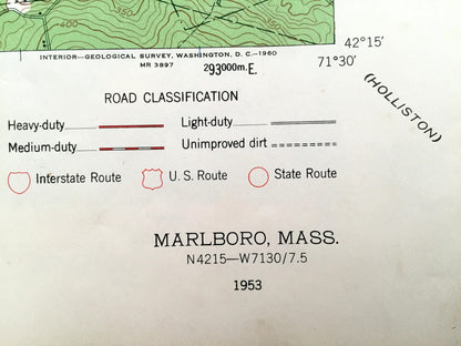Antique Marlborough, Massachusetts 1953 US Geological Survey Topographic Map - Westborough, Northborough, Hopkinton, Ashland, Marlboro, MA