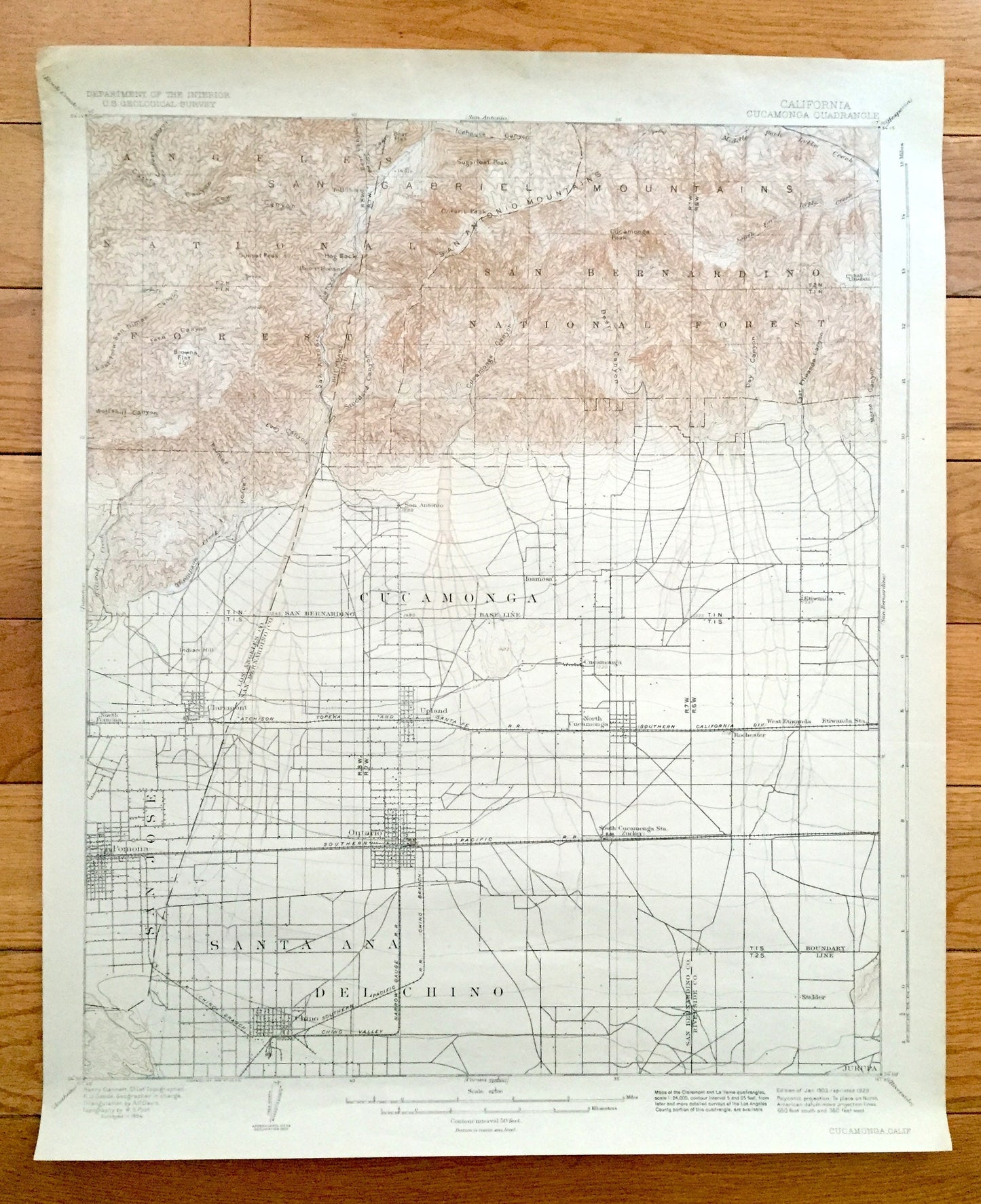 Antique Rancho Cucamonga, California 1903 US Geological Survey Topographic Map – Pomona, Ontario, Chino, Claremont, Angeles National Forest
