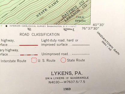 Antique Lykens, Pennsylvania 1969 US Geological Survey Topographic Map – Wiconisco, Jefferson, Gratz, Rush, Haldeman State Forest, Berry Mtn