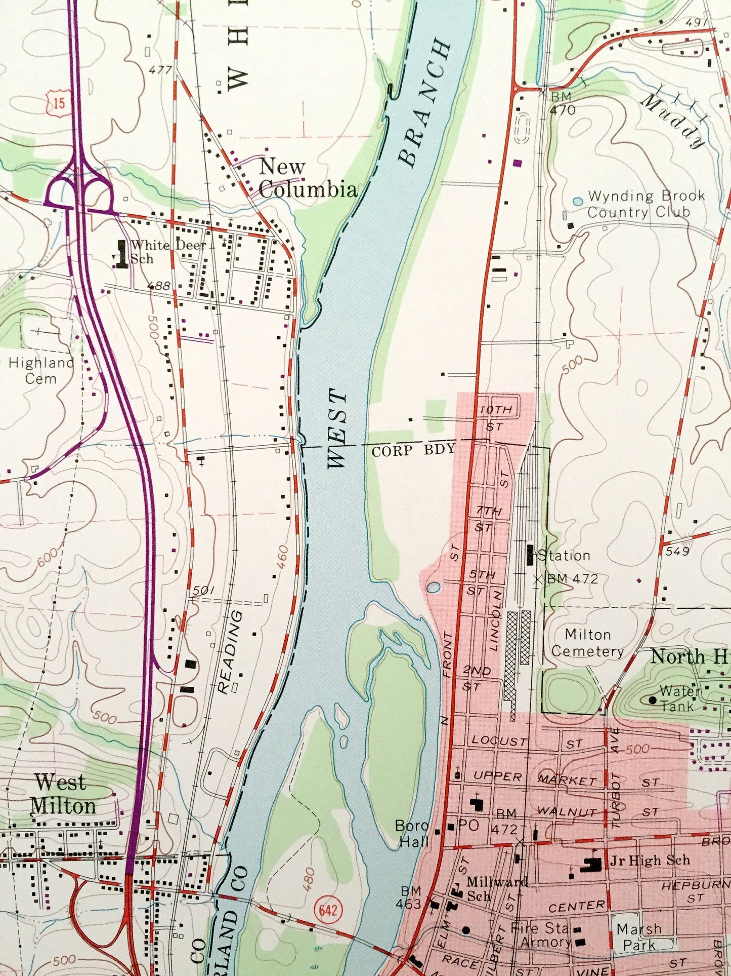Antique Milton, Pennsylvania 1965 US Geological Survey Topographic Map – Delaware, Lewis, White Deer, Turbotville, Watsontown, New Columbia