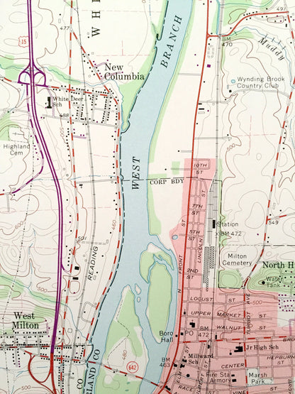 Antique Milton, Pennsylvania 1965 US Geological Survey Topographic Map – Delaware, Lewis, White Deer, Turbotville, Watsontown, New Columbia