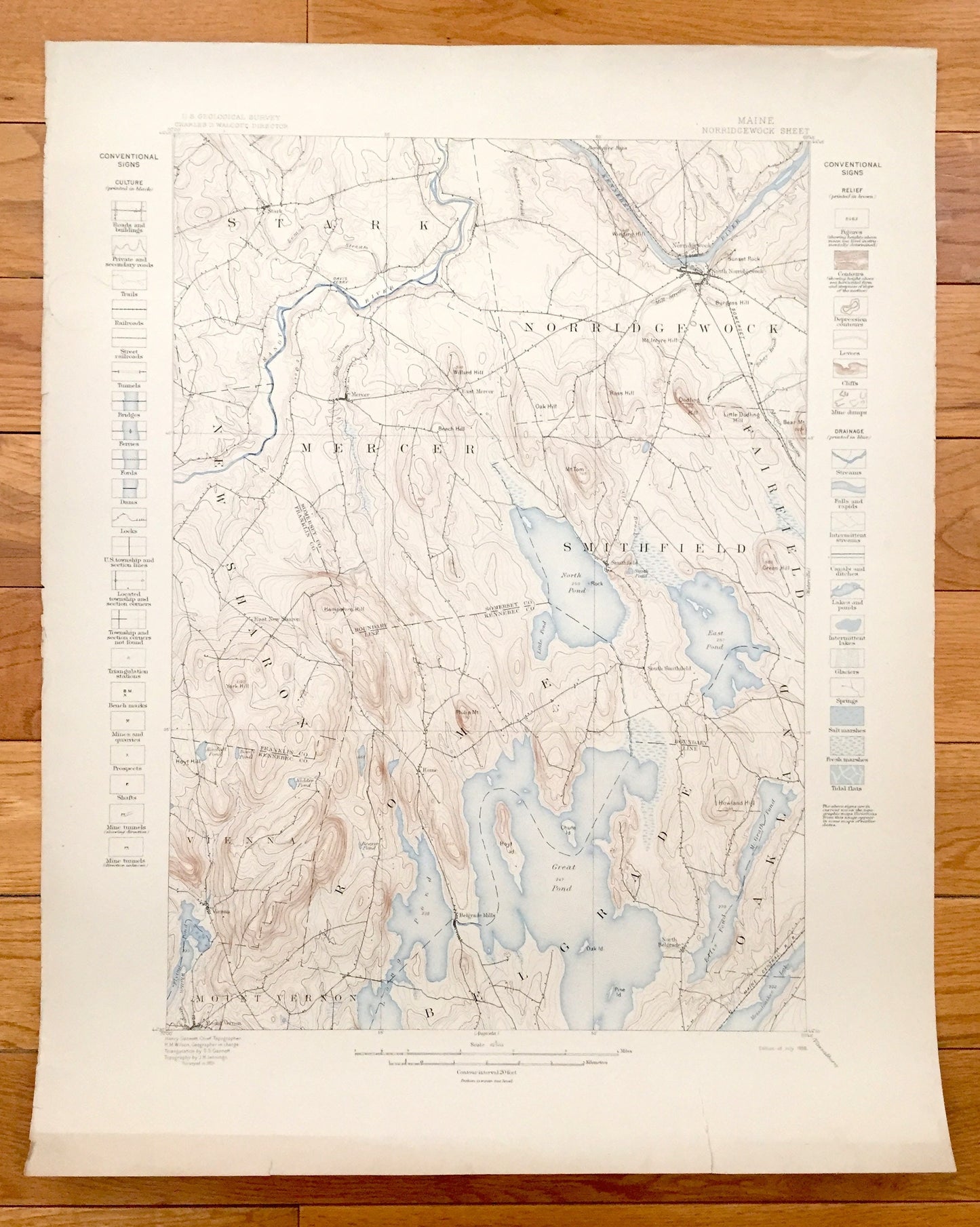 Antique Norridgewock, Maine 1898 US Geological Survey Topographic Map – Rome, Mercer, Starks, Great Pond, North Pond, Smithfield, Vienna