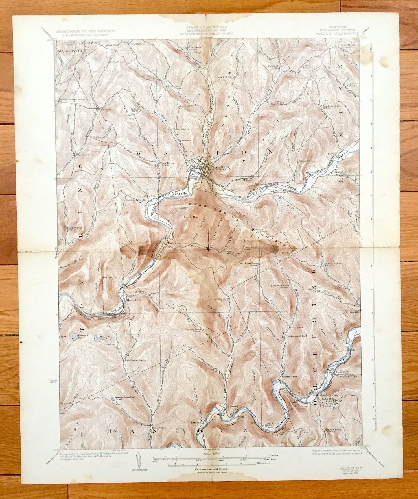 Antique Walton, New York 1925 US Geological Survey Topographic Map – Corbett, Gregorytown, Tompkins, Hamden, Hancock, Delaware County, NY