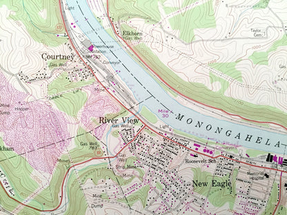 Antique Monongahela, Pennsylvania 1954 US Geological Survey Topographic Map – Washington, Allegheny County, Charleroi, Bunola, Elrama, PA