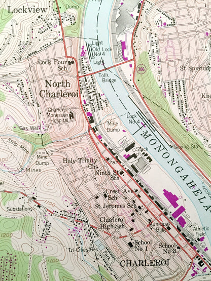 Antique Monongahela, Pennsylvania 1954 US Geological Survey Topographic Map – Washington, Allegheny County, Charleroi, Bunola, Elrama, PA