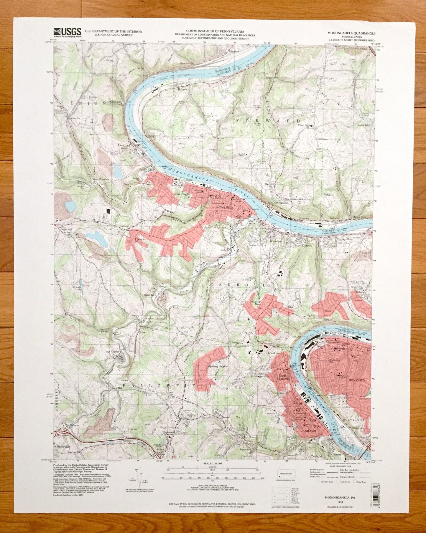 Antique Monongahela, Pennsylvania 1993 US Geological Survey Topographic Map – Washington County, Allegheny County, Charleroi, Bunola, Elrama