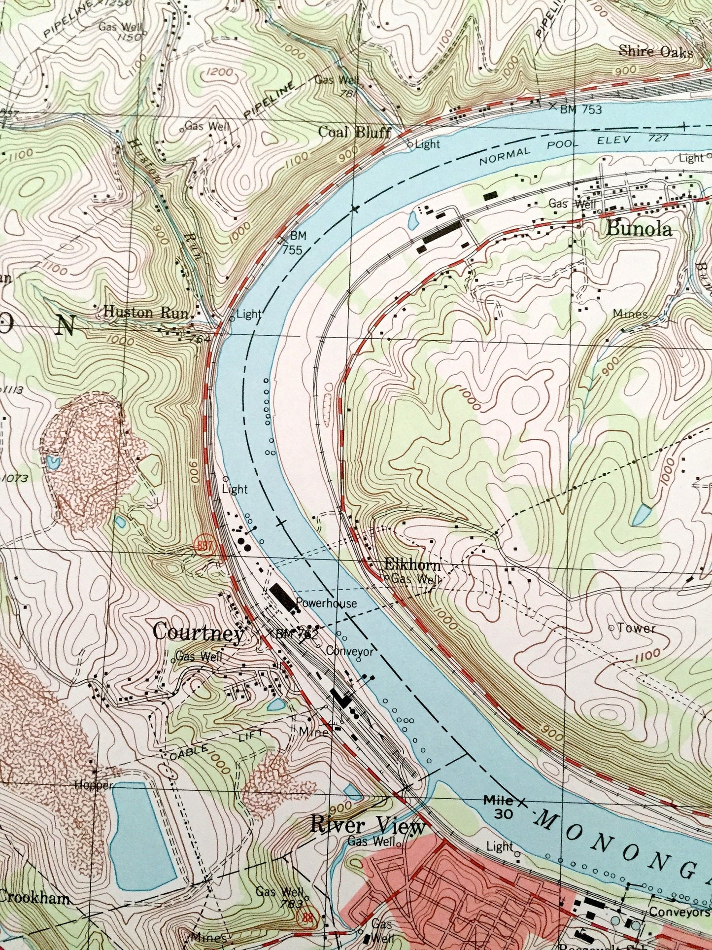 Antique Monongahela, Pennsylvania 1993 US Geological Survey Topographic Map – Washington County, Allegheny County, Charleroi, Bunola, Elrama