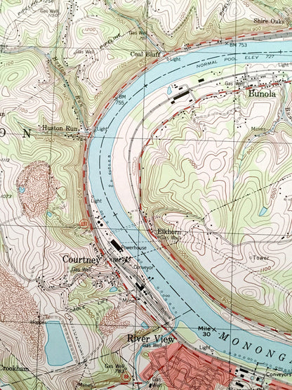 Antique Monongahela, Pennsylvania 1993 US Geological Survey Topographic Map – Washington County, Allegheny County, Charleroi, Bunola, Elrama