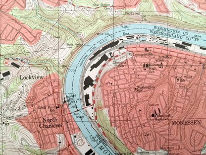 Antique Monongahela, Pennsylvania 1993 US Geological Survey Topographic Map – Washington County, Allegheny County, Charleroi, Bunola, Elrama