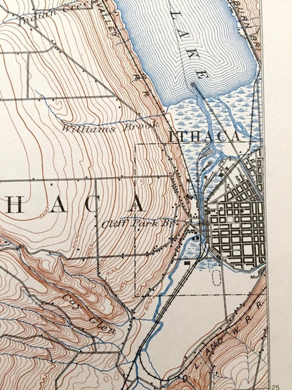 Antique Ithaca, New York 1895 US Geological Survey Topographic Map – Cayuga Lake, Cayuta Lake, Enfield, Tompkins, Schuyler, Tioga County, NY