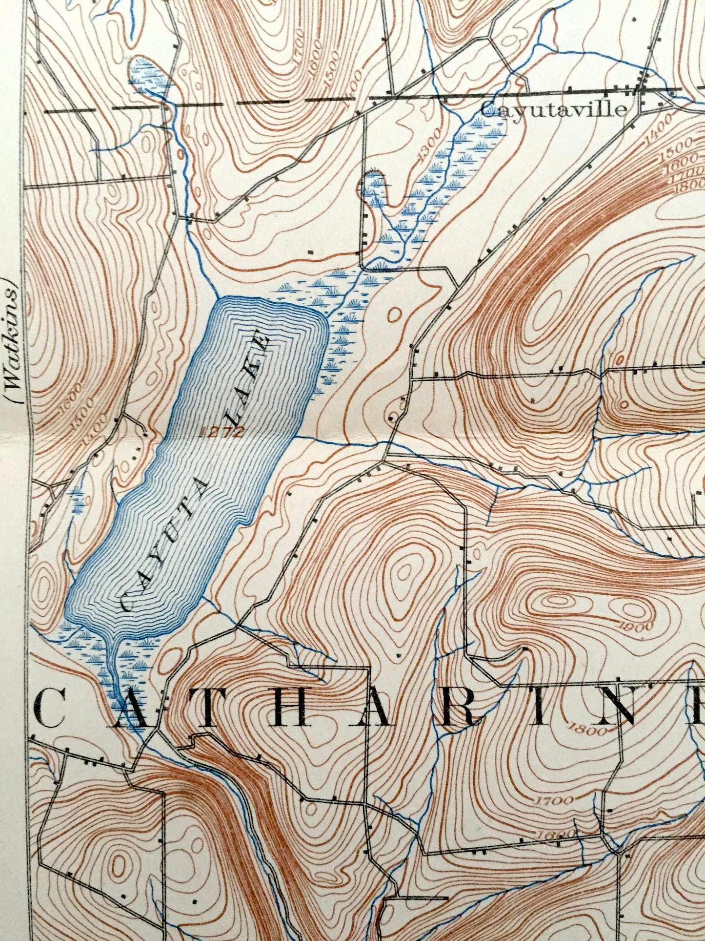 Antique Ithaca, New York 1895 US Geological Survey Topographic Map – Cayuga Lake, Cayuta Lake, Enfield, Tompkins, Schuyler, Tioga County, NY
