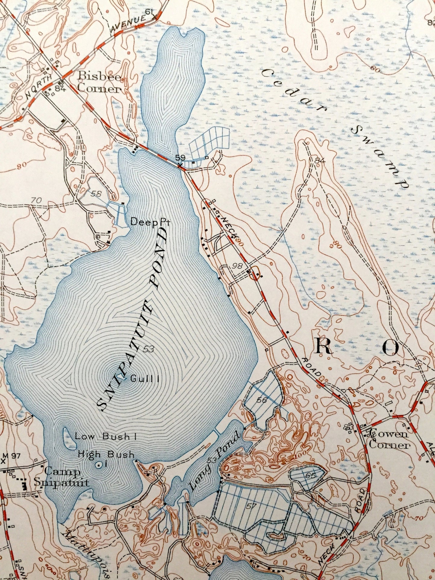 Antique Snipatuit Pond, Massachusetts 1942 US Geological Survey Topographic Map – Rochester, Middleborough, Carver, Wareham, Tremont, MA