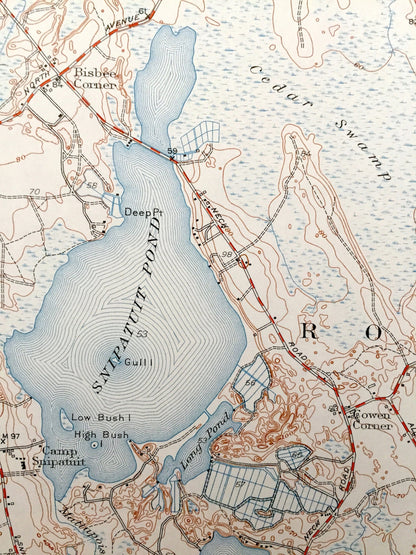 Antique Snipatuit Pond, Massachusetts 1942 US Geological Survey Topographic Map – Rochester, Middleborough, Carver, Wareham, Tremont, MA