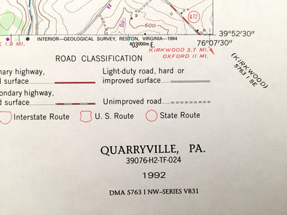 Antique Quarryville, Pennsylvania 1992 US Geological Survey Topographic Map – Lancaster County, New Providence Strasburg Lampeter Camargo PA