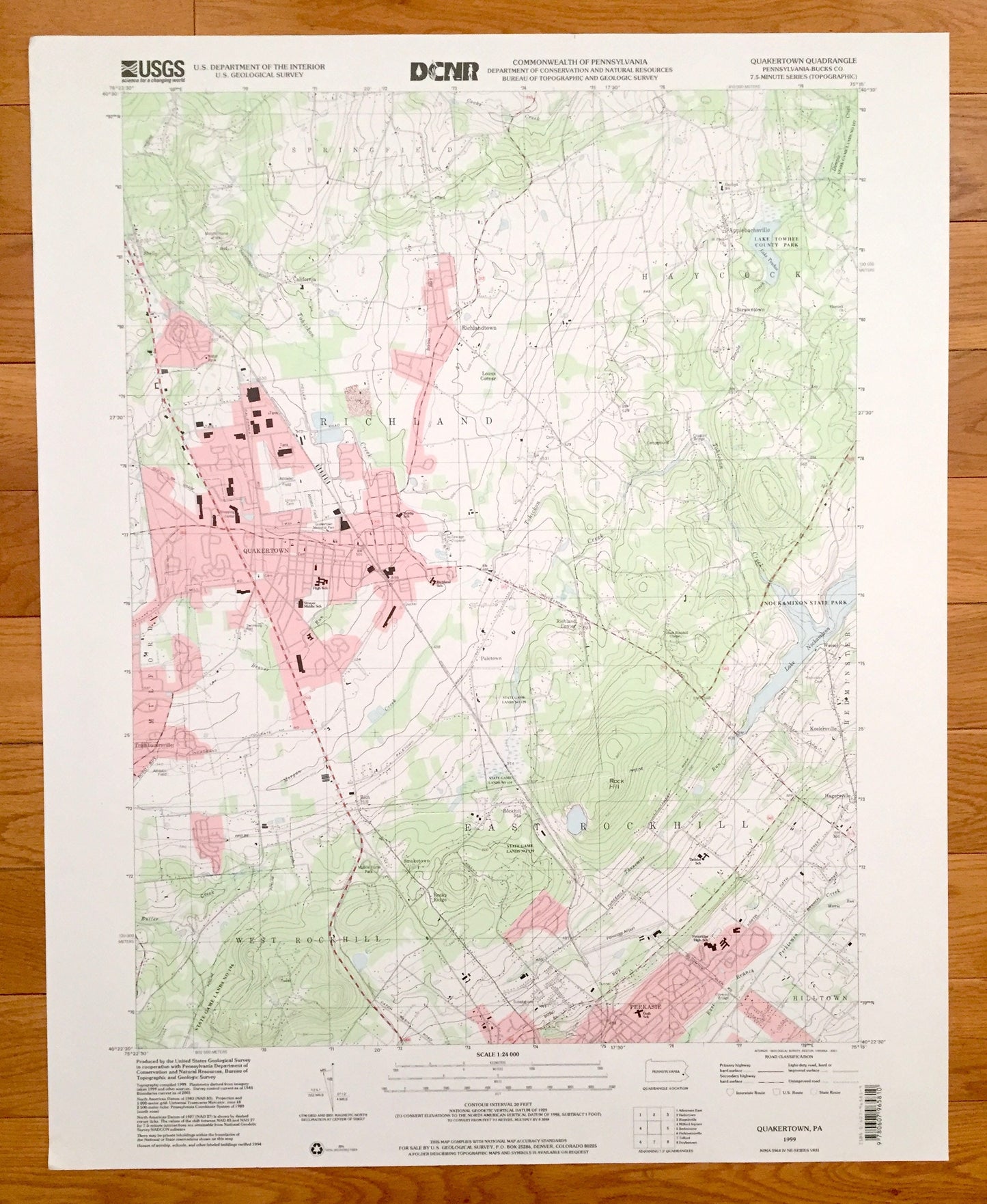 Antique Quakertown, Pennsylvania 1999 US Geological Survey Topographic Map – Bucks County Perkasie Applebachsville East Rockhill Richland PA