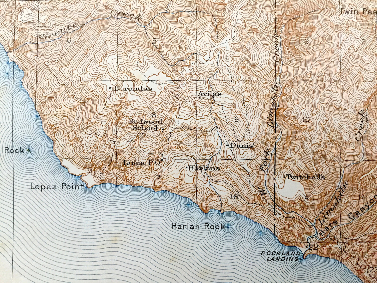 Antique Lucia, California 1921 US Geological Survey Topographic Map – Monterey County, Tassajara Hot Springs, Lopez Point, Los Padres, CA