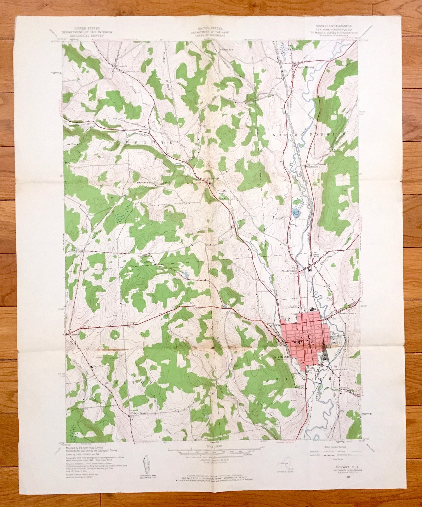 Antique Norwich, New York 1943 US Geological Survey Topographic Map – Chenango Co, Preston, Plymouth, North Norwich, Galena, Plasterville