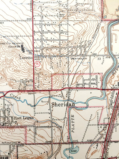 Antique Fort Logan, Colorado 1941 US Geological Survey Topographic Map – Denver, Sheridan, Lakewood, Bow Mar, Edgewater, Arapahoe County, CO