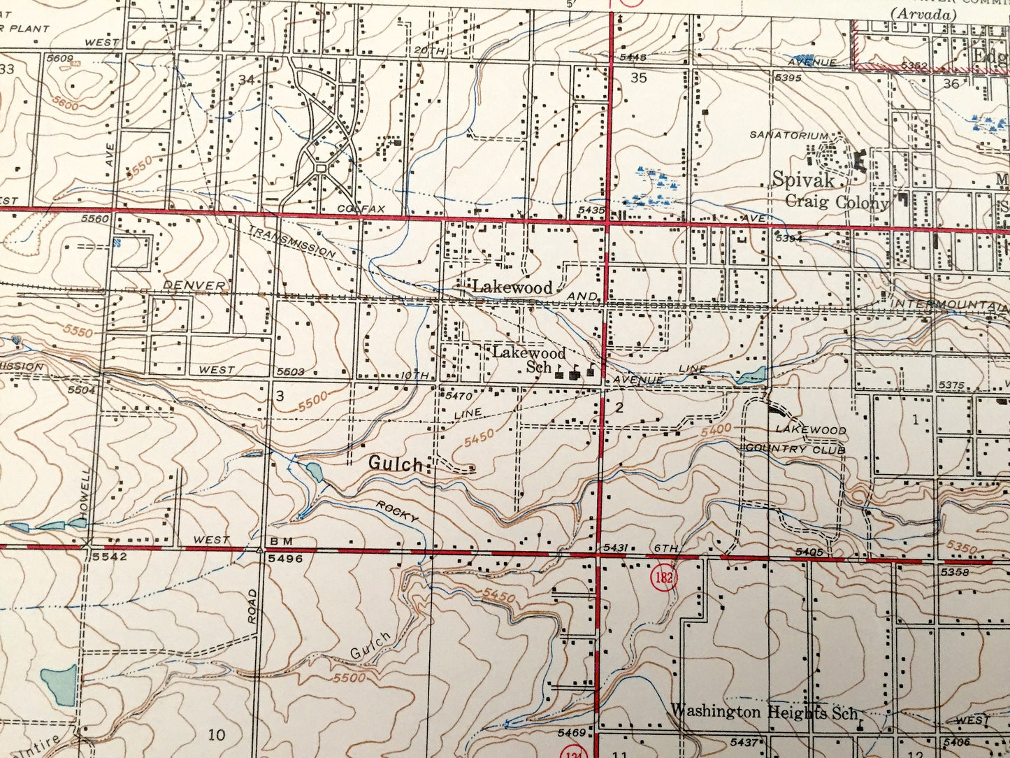 Antique Fort Logan, Colorado 1941 US Geological Survey Topographic Map – Denver, Sheridan, Lakewood, Bow Mar, Edgewater, Arapahoe County, CO