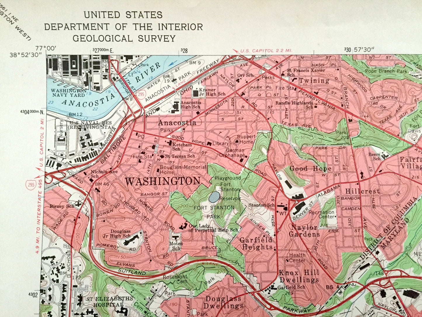 Antique Anacostia, Washington DC & Maryland 1965 US Geological Survey Topographic Map – Prince Georges County, Clinton, Camp Springs Twining