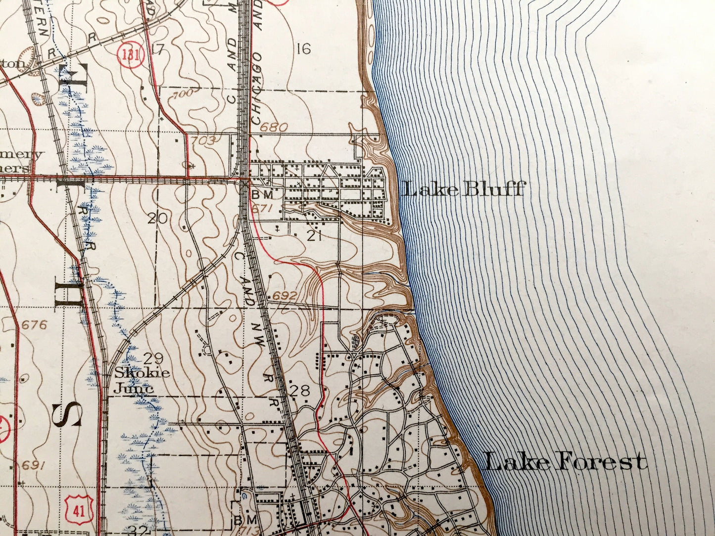 Antique Waukegan, Illinois 1908 US Geological Survey Topographic Map – North Chicago, Lake Bluff, Lake Forest, Zion City, Benton, Shields IL