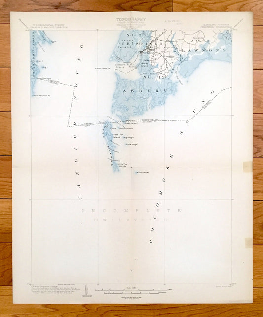 Antique Chesapeake Bay, Maryland 1903 US Geological Survey Topographic Map – Crisfield, Asbury, Lawsons, Smith Island, Eastern Shore, MD