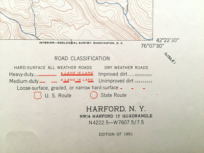 Antique Harford, New York 1951 US Geological Survey Topographic Map – Cortland, Tioga County, Lisle, Richford, Lapeer, Virgil, Harford Mills