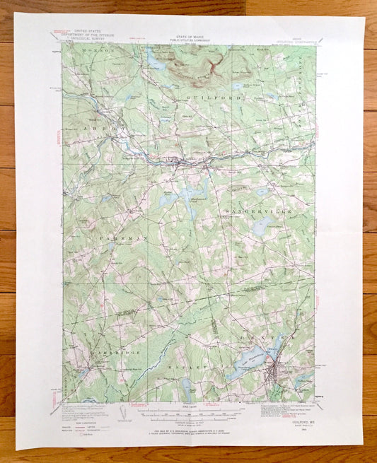Antique Guilford, Maine 1933 US Geological Survey Topographic Map - Abbot, Dover-Foxcroft, Dexter, Cambridge, Ripley, Sangerville, ME