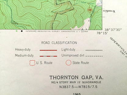 Antique Thornton Gap, Virginia 1965 US Geological Survey Topographic Map –Rappahannock County, Shenandoah Park, Blue Ridge, Morning Star, VA