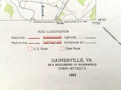 Antique Gainesville, Virginia 1953 US Geological Survey Topographic Map – Prince William County, Wellington, Rixlew, Manassas Battlefield VA