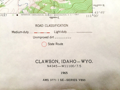 Antique Clawson, Idaho & Wyoming 1965 US Geological Survey Topographic Map – Teton County, Alta, Teton Basin, Targhee National Forest, ID WY