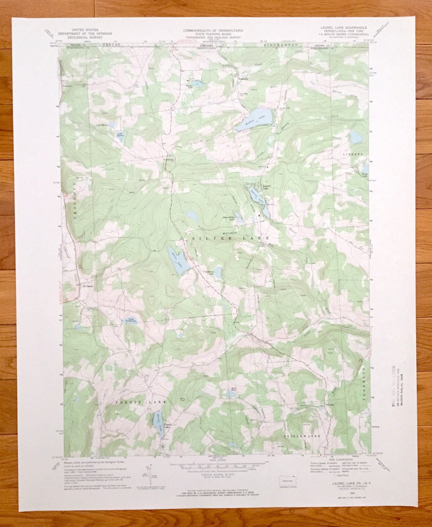 Antique Laurel Lake, Pennsylvania & New York 1968 US Geological Survey Topographic Map – Susquehanna County, Forest Lake, Choconut,Fisk Mill