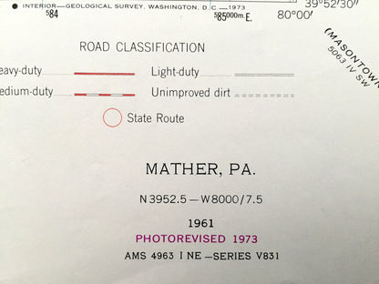 Antique Mather, Pennsylvania 1961 US Geological Survey Topographic Map – Greene, Washington County, Jefferson, Williamstown Khedive, PA