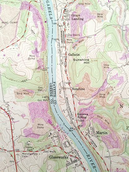 Antique Masontown, Pennsylvania 1964 US Geological Survey Topographic Map – Fayette, Greene County, Greensboro, Martin, Bobtown, Ronco PA