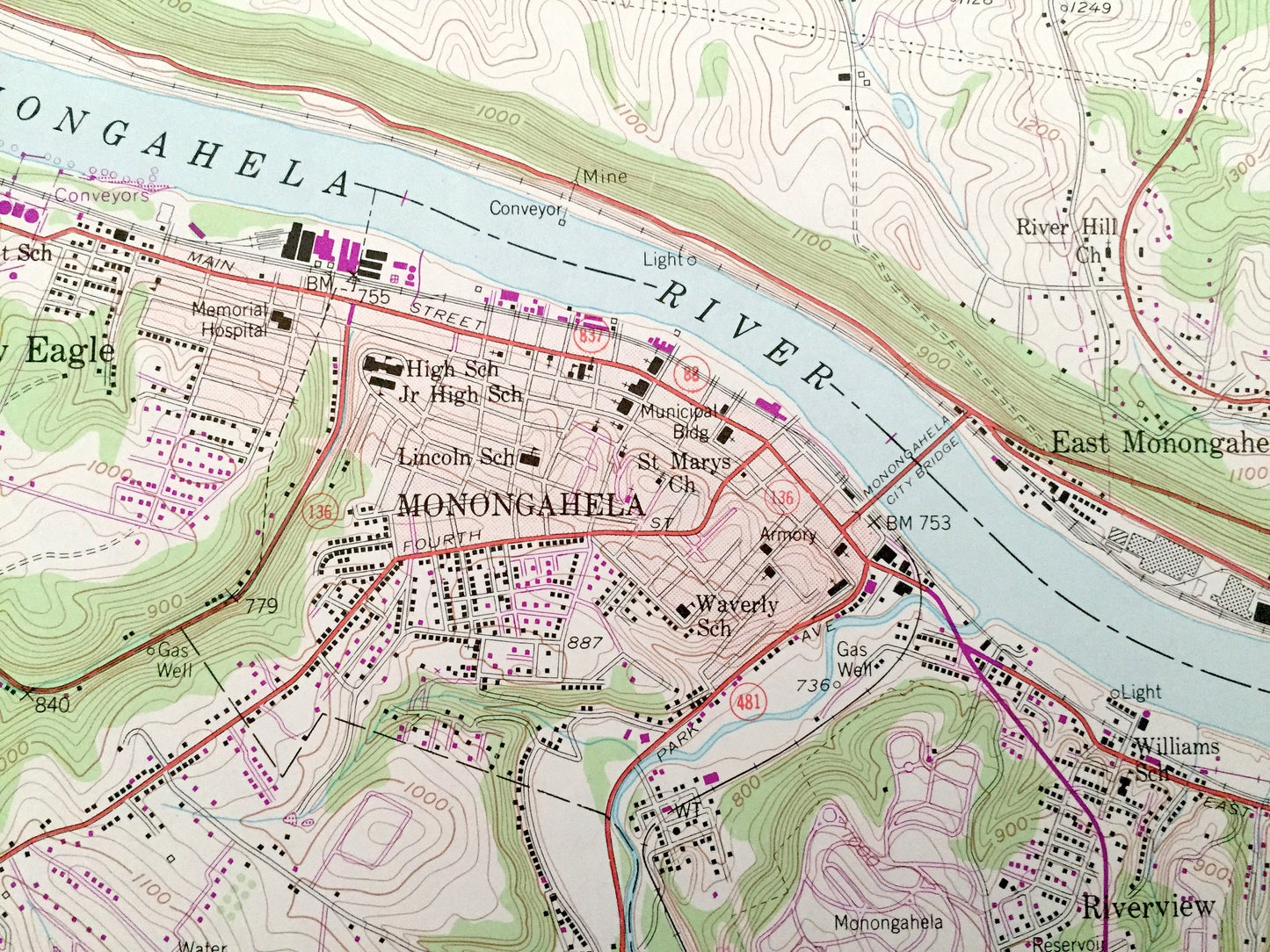 Antique Monongahela, Pennsylvania 1954 US Geological Survey Topographic Map – Washington, Allegheny County, Charleroi, Bunola, Elrama, PA