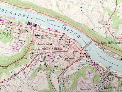 Antique Monongahela, Pennsylvania 1954 US Geological Survey Topographic Map – Washington, Allegheny County, Charleroi, Bunola, Elrama, PA