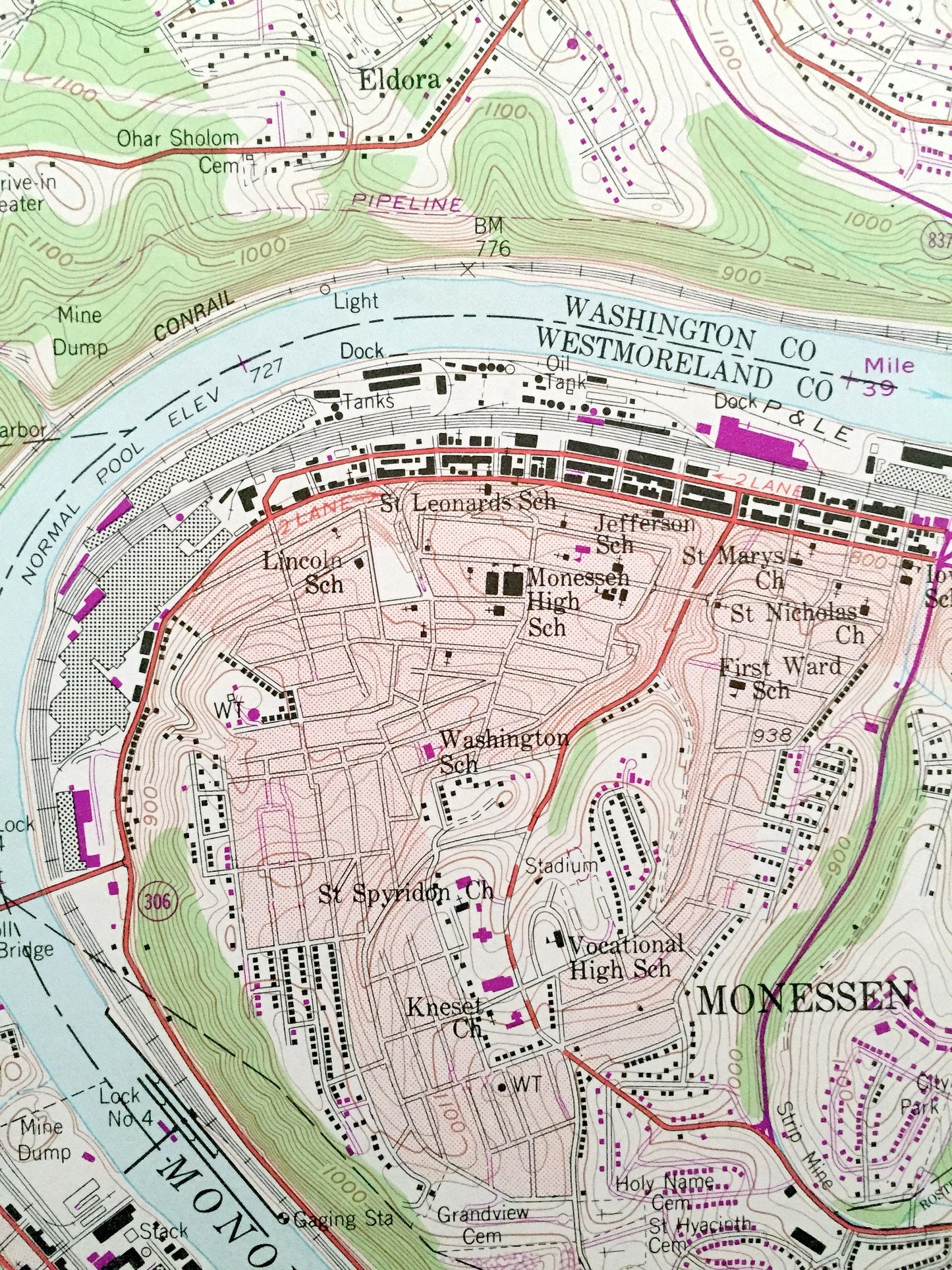 Antique Monongahela, Pennsylvania 1954 US Geological Survey Topographic Map – Washington, Allegheny County, Charleroi, Bunola, Elrama, PA