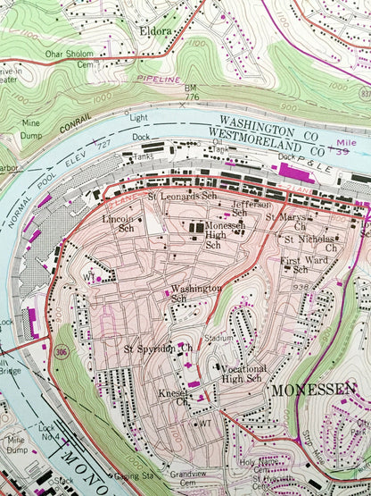 Antique Monongahela, Pennsylvania 1954 US Geological Survey Topographic Map – Washington, Allegheny County, Charleroi, Bunola, Elrama, PA