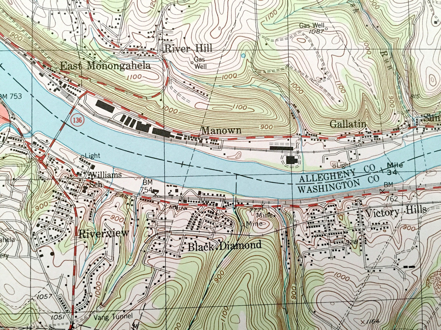 Antique Monongahela, Pennsylvania 1993 US Geological Survey Topographic Map – Washington County, Allegheny County, Charleroi, Bunola, Elrama