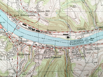 Antique Monongahela, Pennsylvania 1993 US Geological Survey Topographic Map – Washington County, Allegheny County, Charleroi, Bunola, Elrama
