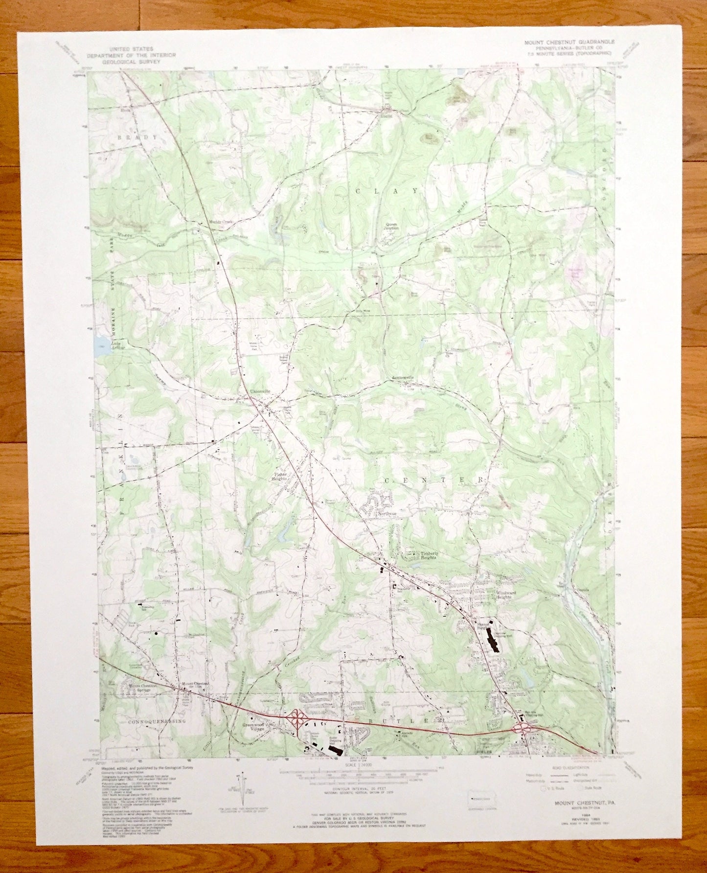 Antique Mount Chestnut, Pennsylvania 1964 US Geological Survey Topographic Map – Butler County, Timberly Heights, Euclid, Greenwood Village