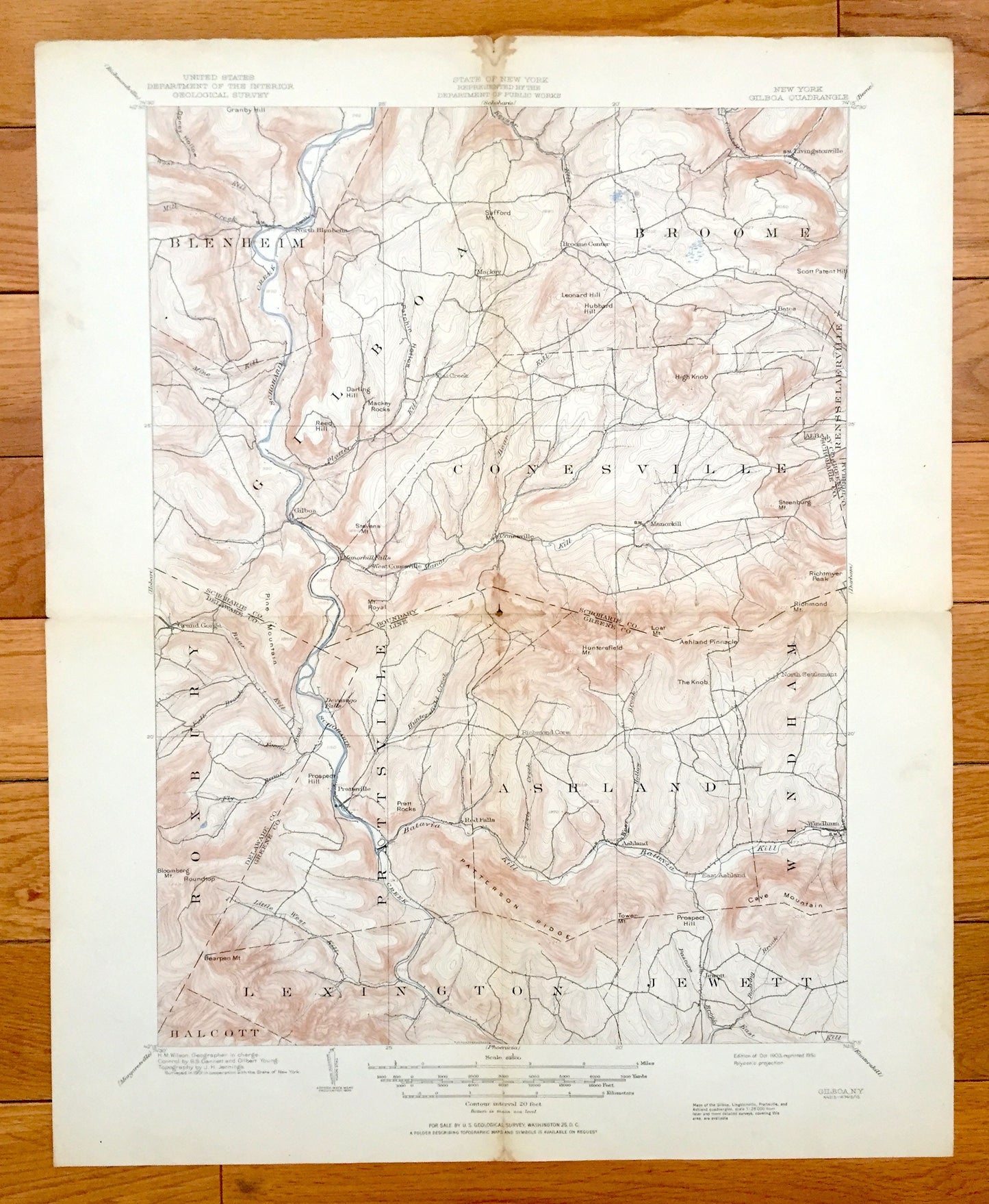Antique Gilboa, New York 1903 US Geological Survey Topographic Map – Ashland, Prattsville, Delaware, Greene, Schoharie, Albany County, NY