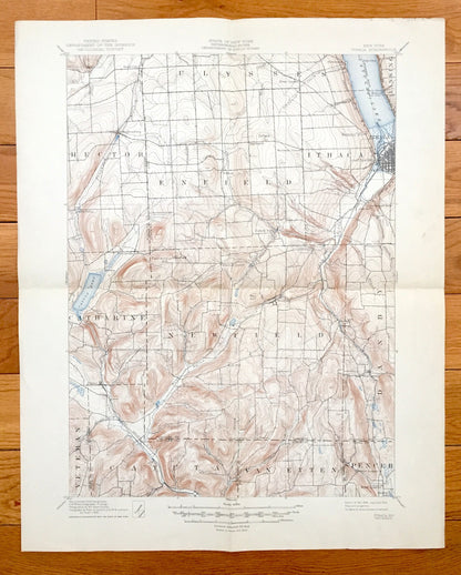 Antique Ithaca, New York 1895 US Geological Survey Topographic Map – Cayuga Lake, Cayuta Lake, Enfield, Tompkins, Schuyler, Tioga County, NY